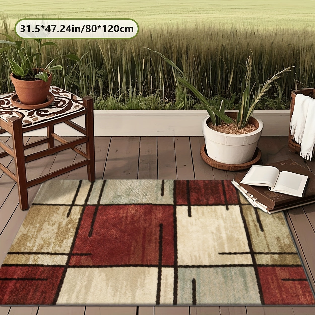 2D Impresión Plana, Patrón de Bloques de Color Exquisito, Alfombra Decorativa de Estilo Vintage 1 Unidad, Picnic, Camper, Balcony Patio, Deck, Camping, Decoración de Vacaciones Interior y Exterior, Disponible en Múltiples Escenas, Disponible en Múltiples