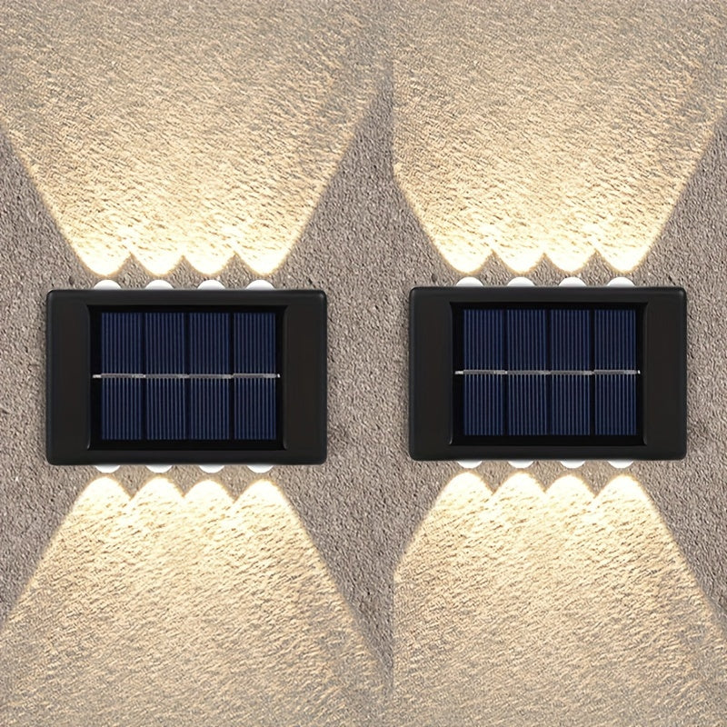6 piezas de 8 luces solares para paredes exteriores, luces decorativas para patio, villa y jardín, luces de valla y sendero, luces de porche de jardín, luces pequeñas para paredes, luces convexas con luz ascendente y descendente, adecuadas para jardines,
