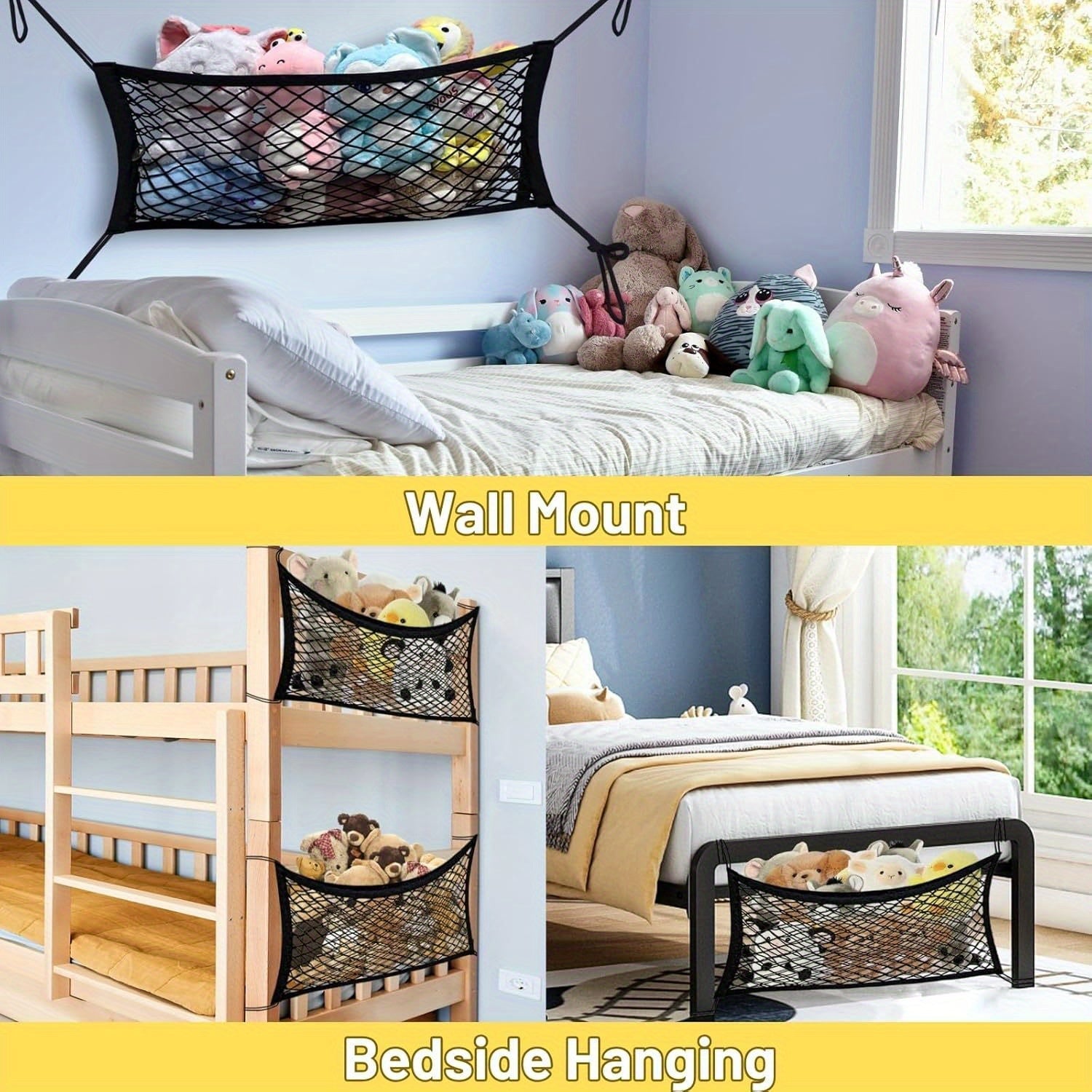 2 Piezas de Red Organizadora para Juguetes de Peluche, Diseño Elástico Montado en Pared con Ajuste, Decoración Hogareña y Almacenamiento de Malla para Muñecas junto a la Cama o Cabecera