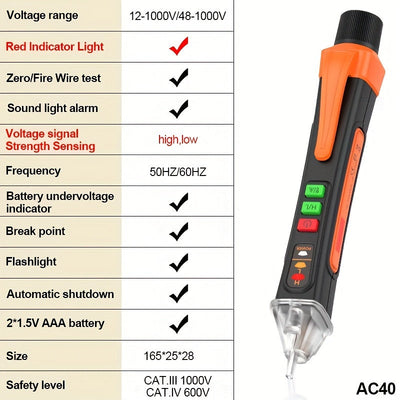 Detector de Voltaje Inteligente sin Contacto en Forma de Bolígrafo - Detección de 12-1000V AC/DC con Puntero Láser, Prueba de Cable Cero Fuego y Alarma Sonora, Sensor Eléctrico Portátil para Circuitos (Batería No Incluida), Probador de Voltaje