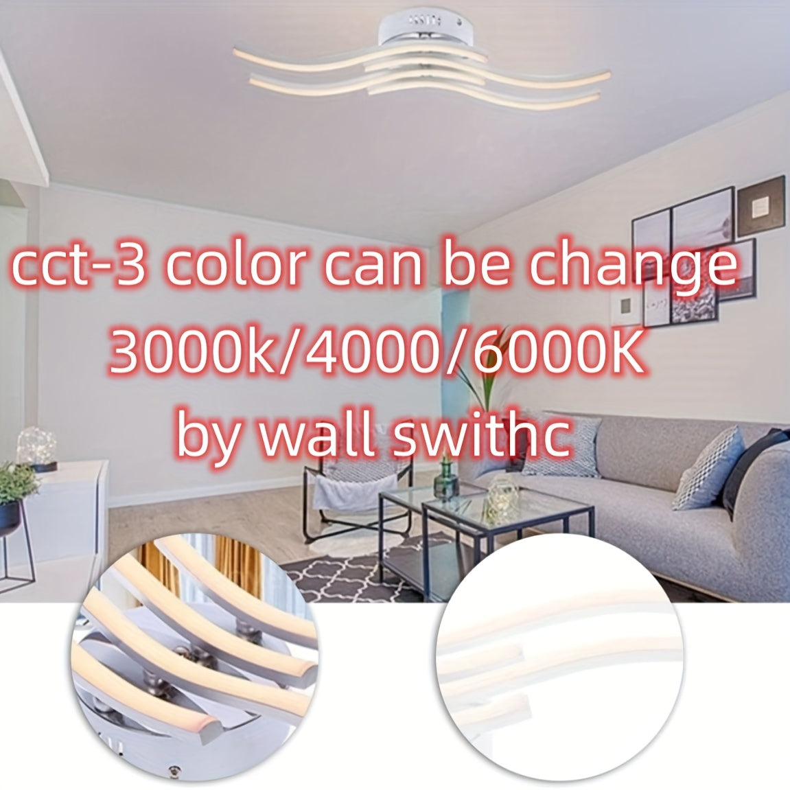 Luz de Techo LED, Diseño Moderno de Luz de Techo Curvada, 4 Tiras LED Incorporadas, El Color CCT-3 Se Puede Cambiar Mediante Interruptor de Pared 3000K/4000K/6000K, Adecuado para Sala de Estar, Dormitorio, Cocina, Pasillo y Oficina
