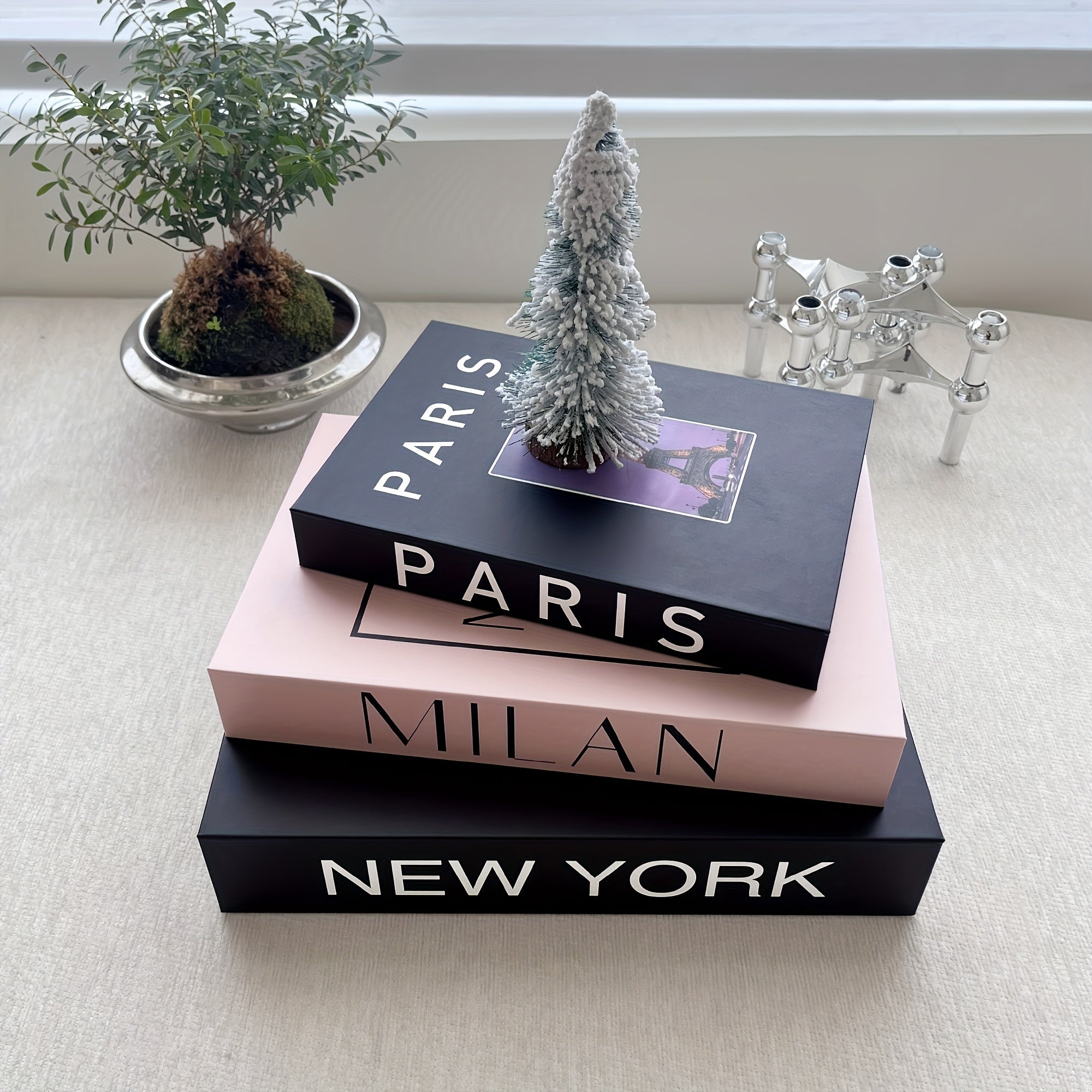 3 libros decorativos de lujo - "Nueva York se queda" con diseño de rosa, "Milán" libro de moda y "París" guía de viajes - Ideal para decoración de hogar, oficina o café, decoración de oficina | Exhibición de libros elegantes | Estilo Art Deco