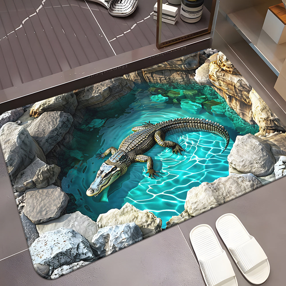 Tapete 3D con diseño de cocodrilo, antideslizante, ideal para baño, dormitorio y entrada de sala, lavable a máquina, 100% poliéster, diseño realista de cocodrilo con fondo de agua azul y piedras, decoración para entrada | Tapete con ilusión óptica 3D