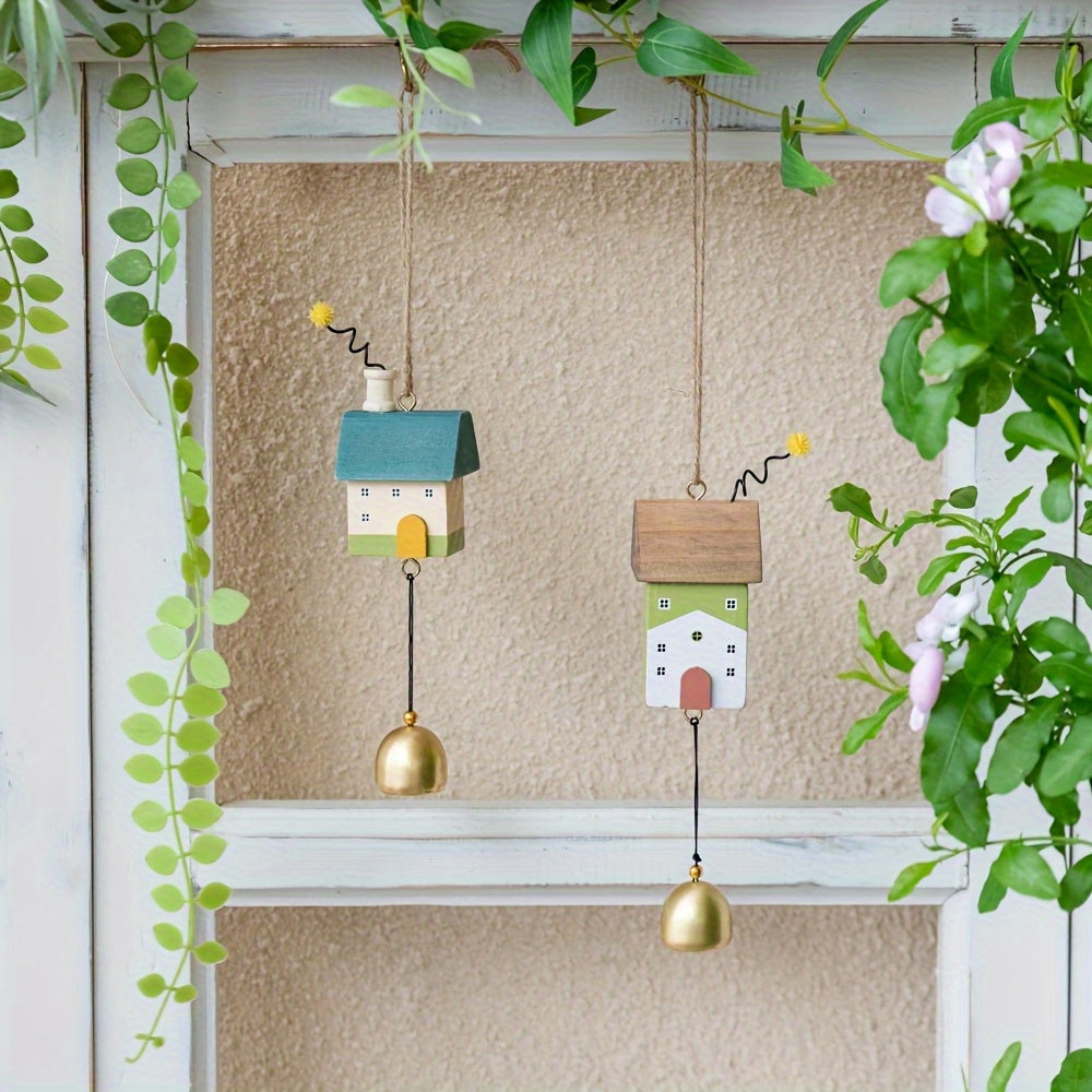 Campanas de Viento para el Hogar - con Campanillas Doradas, Techo Azul Verdoso y Puerta Principal - Madera Natural de Pino Exterior, Sin Necesidad de Electricidad - Timbres Minimalistas para Patio, Jardín, Decoración del Hogar - Regalo de Cumpleaños/Inau
