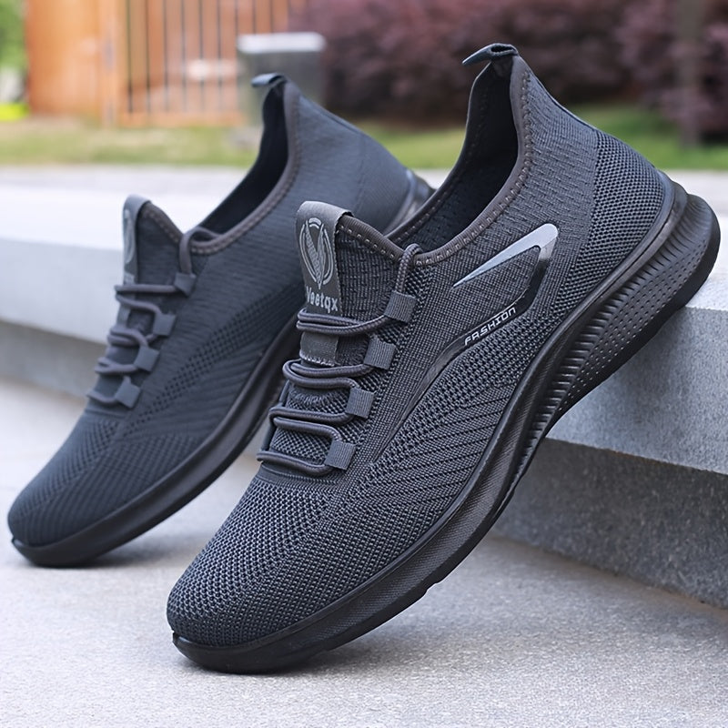 Tenis para hombre transpirables de tejido de punto, ligeros y antideslizantes, ideales para gimnasio, basquetbol y aventuras al aire libre, diseño con cordones, color negro con detalles en blanco, ajuste cómodo, estilo deportivo elegante