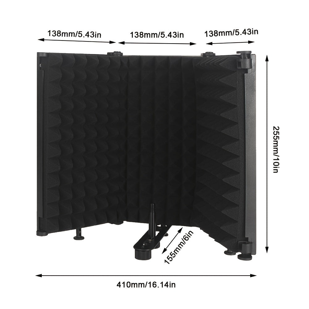 Escudo de Aislamiento de Micrófono Profesional de 3 Paneles con Espuma Absorbente de Alta Densidad - Plegable y Portátil para Podcasting y Grabación en Estudio, Negro
