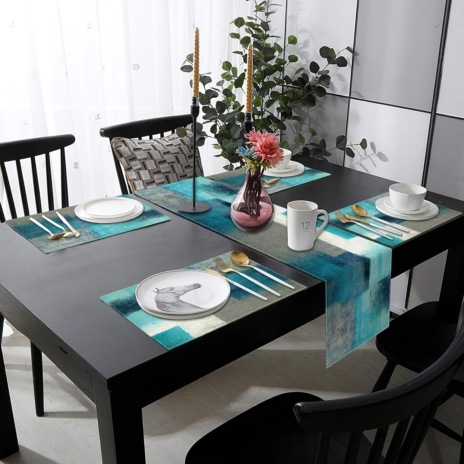 1 Juego, Corredor de mesa y servilletas de granja, decoración de mesa de arte abstracto de lino azul y gris, adecuado para uso diario, 1 pieza de corredor de mesa de 72 pulgadas de largo y 6 piezas de servilletas.