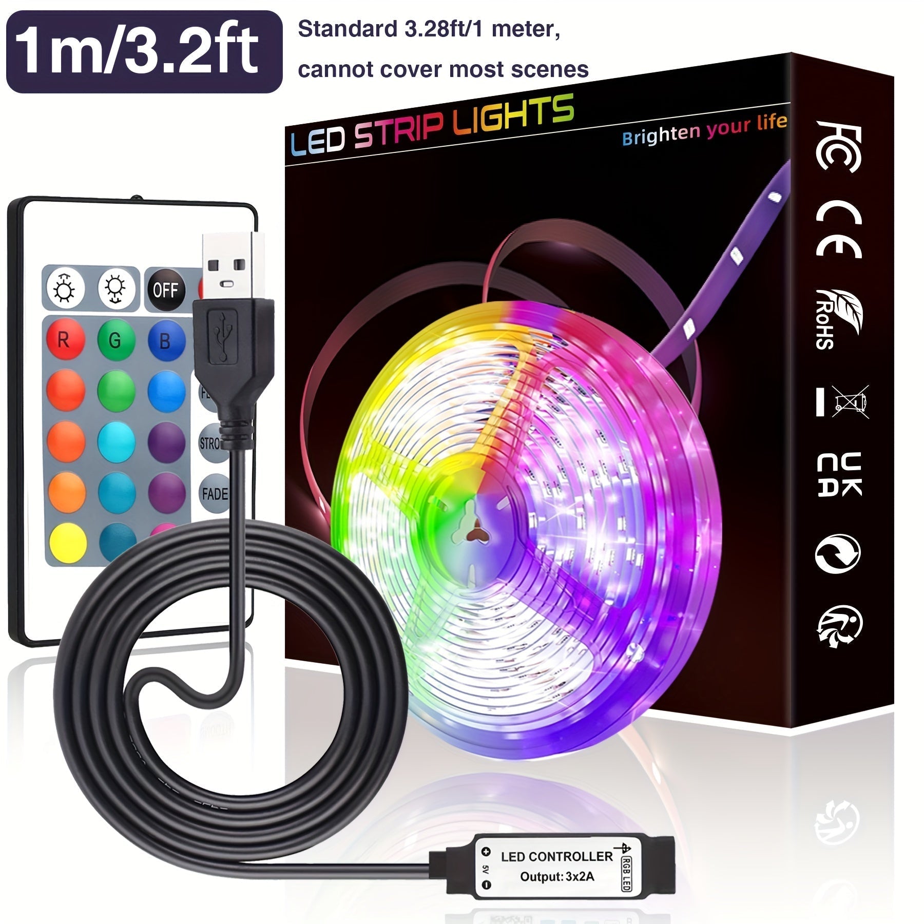 Luces de Tira LED LCUTML, 91.44-3048.0cm con Control Remoto IR24KEY, Múltiples Modos Dinámicos, Alimentado por USB, Fácil de Instalar, Colores Vibrantes para Decoración de Dormitorio, Iluminación de Fiesta, Retroiluminación de TV y Escenario, Decoración