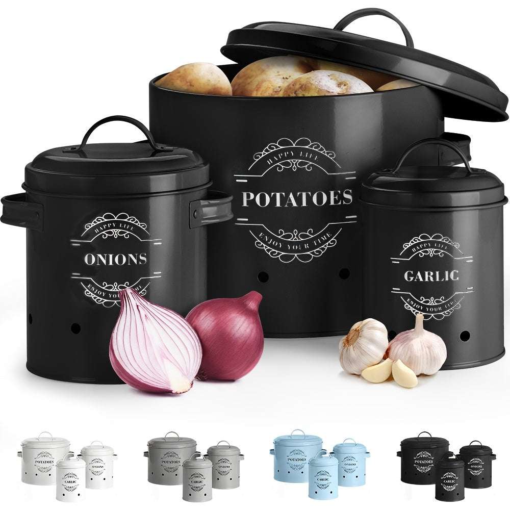 Juego de 3 contenedores para almacenar alimentos enlatados de papa, cebolla y ajo, práctico para frutas en conserva, alimentos enlatados y canasta de vegetales