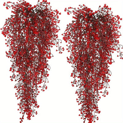 2pcs Guirnaldas Festivas de Bayas Rojas - Plantas Artificiales Colgantes para Decoración Interior/Exterior, Perfectas para el Día de San Valentín y Navidad, Acentos para Ventanas de Oficina en Casa y Pasillos, Lo Mejor para Navidad
