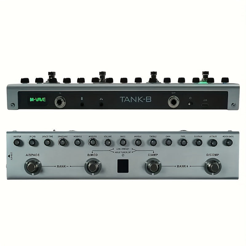 Procesador de efectos de bajo portátil M-VAVE, todo en uno - 36 presets/9 simulaciones de amplificadores, 8 cargadores de IR, retraso, modulación, reverberación, afinador, conexión BT, batería de 12 horas, recargable por USB - para grabación y actuación