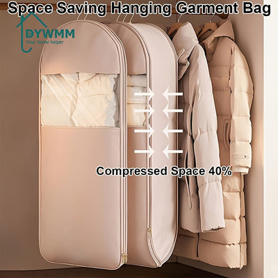 Bolsa Colgante para Ahorrar Espacio DYWMM con Cremallera de Auto-compresión - Organizador de Armario de Alta Calidad Compresado al 40% para Abrigos y Ropa, Bolsa de Almacenamiento de Tela Duradera (Beige/Rosa)