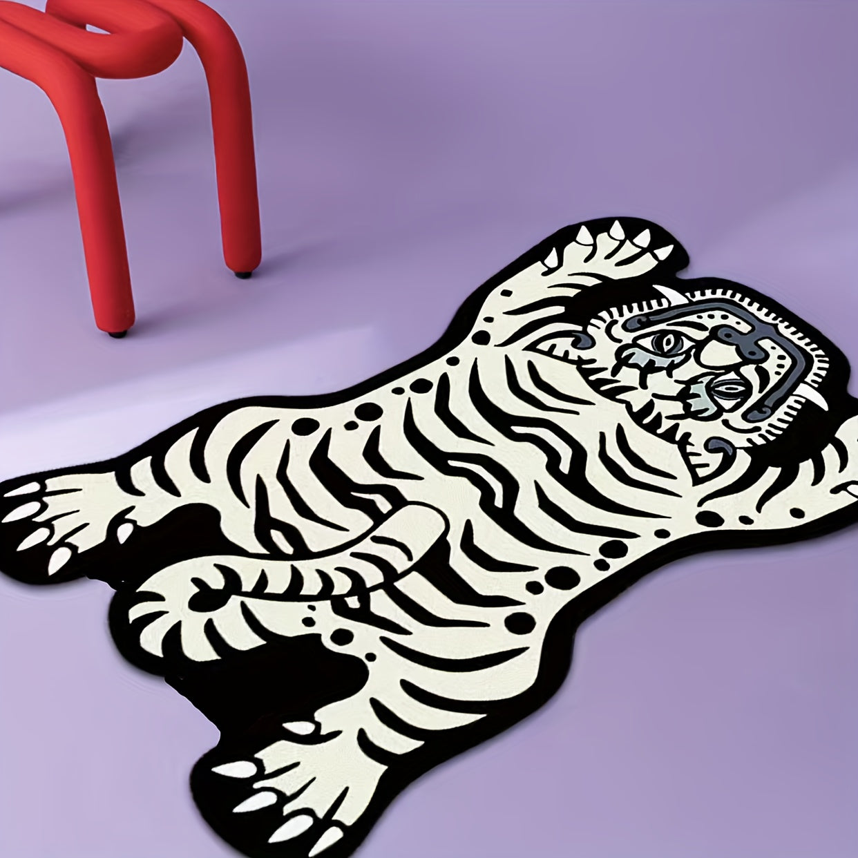 950G/㎡ Alfombra de tigre blanco exquisita de falso cachemira de pelo corto única y creativa irregular para dormitorio, sala de estar, sofá, baño, cabecera y entrada; decoración del hogar que es colorida, lavable, antideslizante y suave para un uso cómodo
