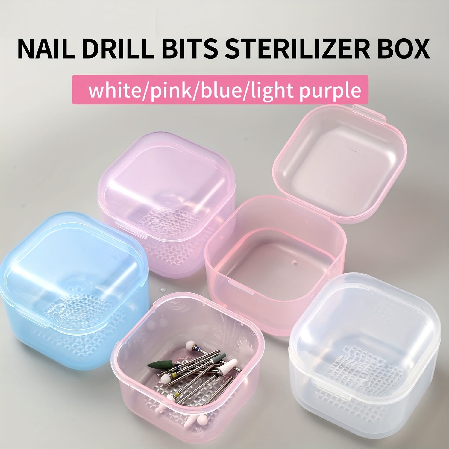 Caja esterilizadora de brocas de taladro de uñas - Luz blanca/púrpura/púrpura rosa/azul, contenedor de limpieza y drenaje de doble capa para cepillos y herramientas de esmalte de uñas, plástico, sin fragancia, no requiere batería, esenciales para el cuid