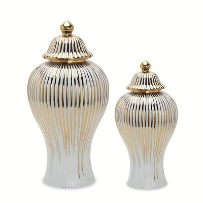 1pc Jarrón Cilíndrico Clásico a Rayas Dorado, Jarra de Cerámica Lujosa para Decoración - Elegante Florero con Tapa, Centro de Mesa para Hogar o Bodas, Recipiente Atemporal sin Necesidad de Baterías Eléctricas
