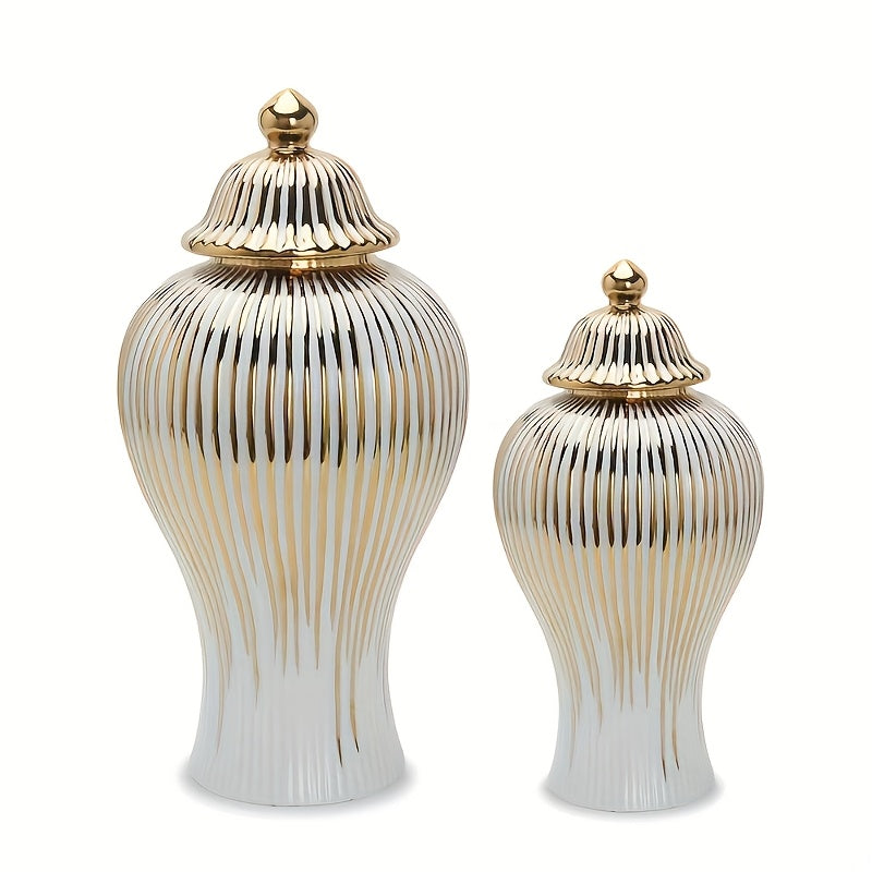 1pc Jarrón Cilíndrico Clásico a Rayas Dorado, Jarra de Cerámica Lujosa para Decoración - Elegante Florero con Tapa, Centro de Mesa para Hogar o Bodas, Recipiente Atemporal sin Necesidad de Baterías Eléctricas