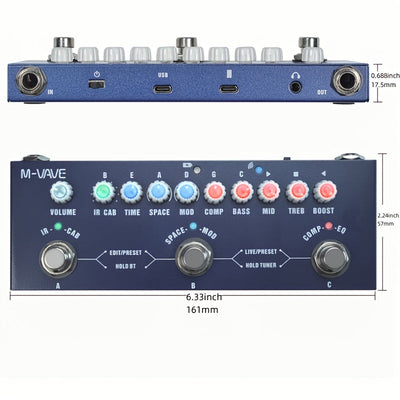 Pedal de efectos para guitarra M-VAPE Cube Baby BASS, multiefectos - con IR, 8 modelos de amplificador, delay, reverb, chorus, fase, carga USB, batería recargable de polímero, formato de señal analógica, construcción metálica, procesador de efectos para