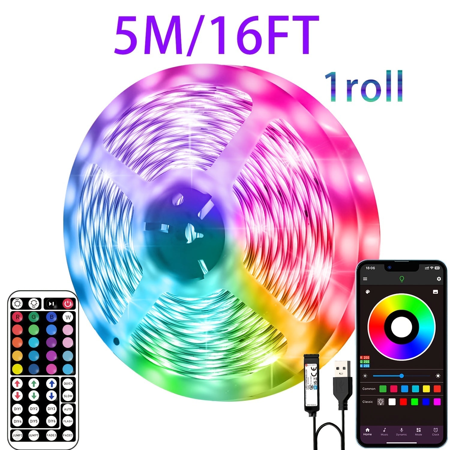 Tira de luces LED RGB inteligente para habitación, 3-100 pies para interiores con control remoto de 44 teclas, sincronización con música, temporizador y control por app, múltiples modos de iluminación para sala de música, sala de estar, Halloween, bodas
