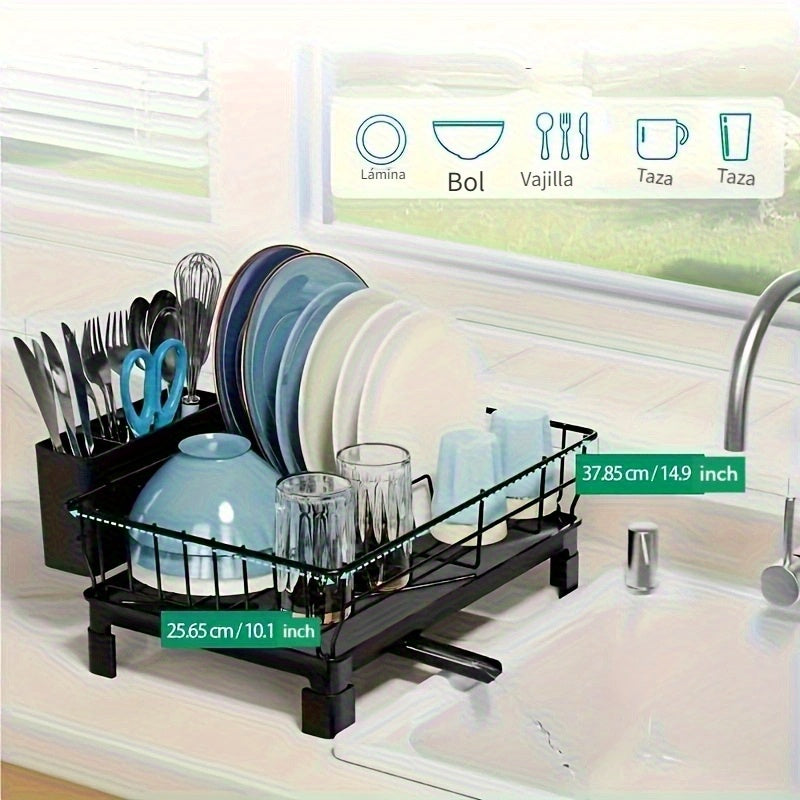Escurridor de platos compacto de metal con porta utensilios y desagüe, ahorrador de espacio para cocina o fregadero, ideal para autocaravanas y apartamentos pequeños
