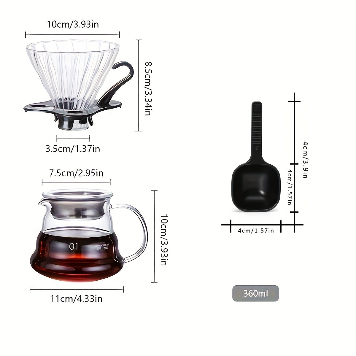 Juego de tres piezas de cafetera de vidrio de borosilicato resistente al calor, con taza de filtro con asa desmontable, cafetera de goteo transparente, adecuada para café preparado a mano, elección ideal para el hogar, oficina, cafetería, disponible en t