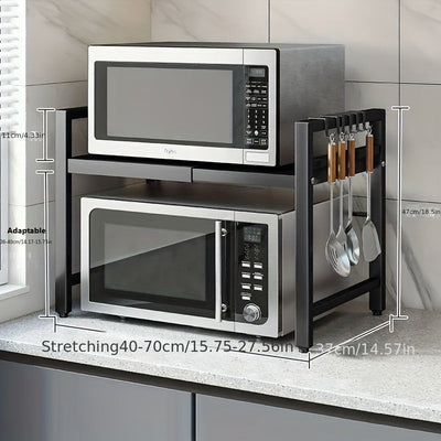 Soporte Expansible para Microondas, Estante de Almacenamiento para Utensilios de Cocina y Vajilla, Estante para Microondas para Encimera, Estante de Almacenamiento de Cocina Metálico de 2 Niveles, con 4 Ganchos, Estante para Pan, Estante para Microondas,