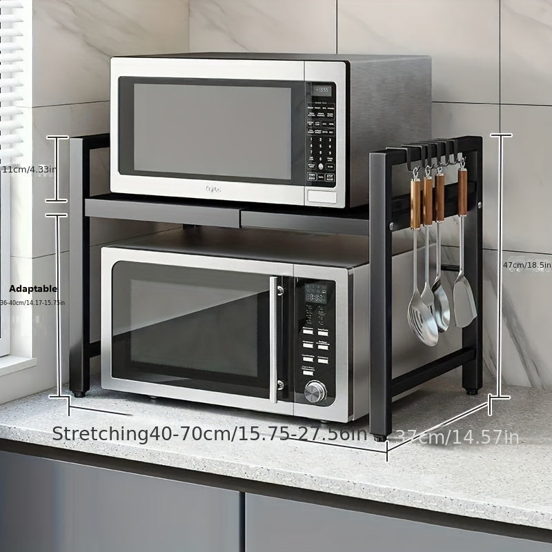 Soporte Expansible para Microondas, Estante de Almacenamiento para Utensilios de Cocina y Vajilla, Estante para Microondas para Encimera, Estante de Almacenamiento de Cocina Metálico de 2 Niveles, con 4 Ganchos, Estante para Pan, Estante para Microondas,