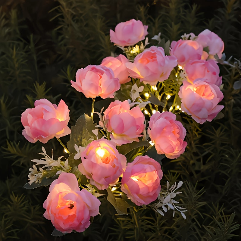 Luces de jardín LED de 7 cabezas con flores de peonía, alimentadas por energía solar - Luces decorativas para exteriores con flores artificiales rosas y blancas, cargadas por energía solar para patio, jardín y balcón, decoraciones solares para exteriores