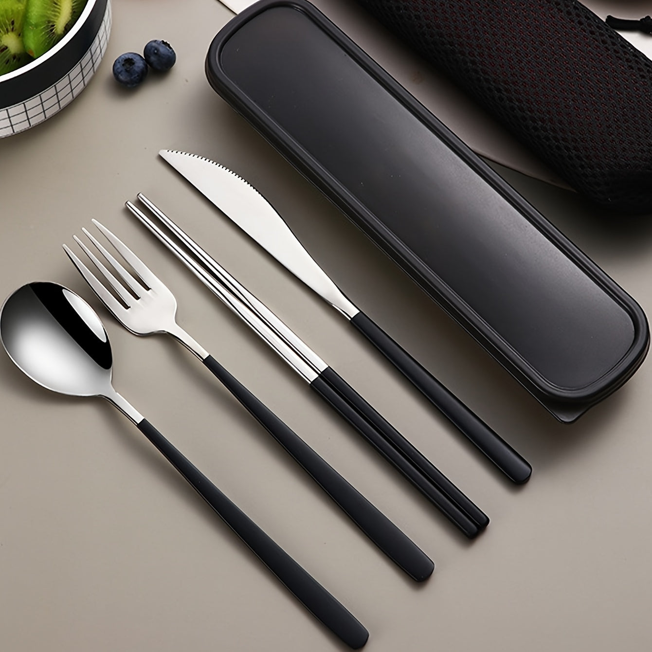 Juego de cubiertos portátil de acero inoxidable de 4 piezas, cuchillo de bistec occidental, tenedor, cuchara, juego de palillos.