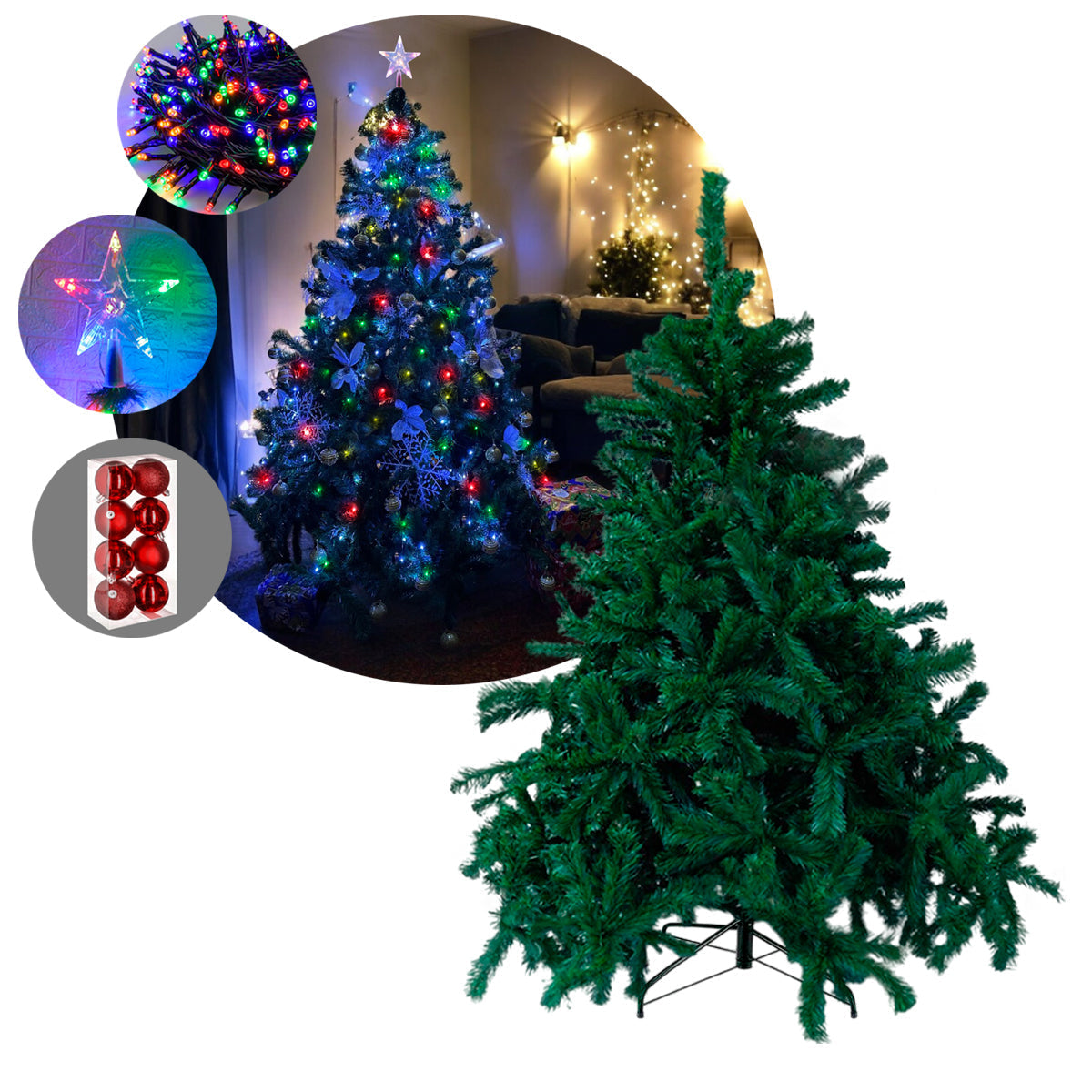 Árbol Navidad Singapur Tupido 1.90m 780 Ramas + Estrella + Luces + Bolas De Regalo SIN190