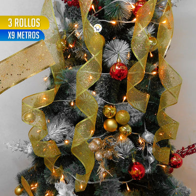 Cinta de Malla Navideña Metalizada x3 Rollos 9 m Dorado 6246D