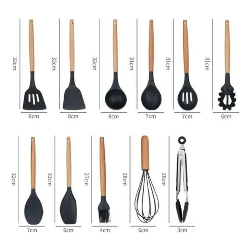 Set 12 Utensilios De Cocina Silicona Resistente Calor Gris