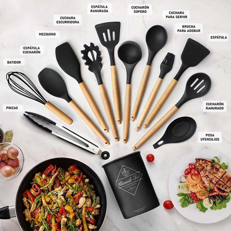 Set De Utensilios D Cocina En Silicona Madera Por 12 Negro