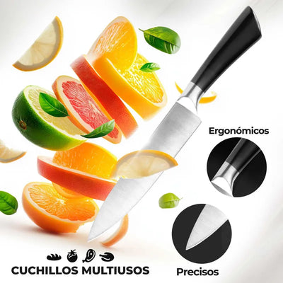 Set de cuchillos de cocina 8 piezas con soporte giratorio hojas de acero inoxidable y mangos ergonómicos color negro Chef Master 807602