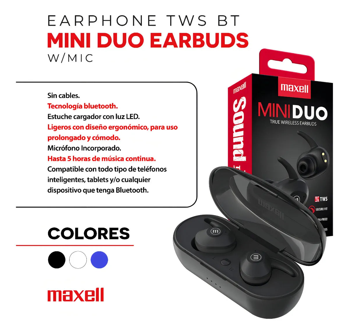 Audífonos In Ear Inalambricos Tws Maxell Bluetooth Mini Duo Negro