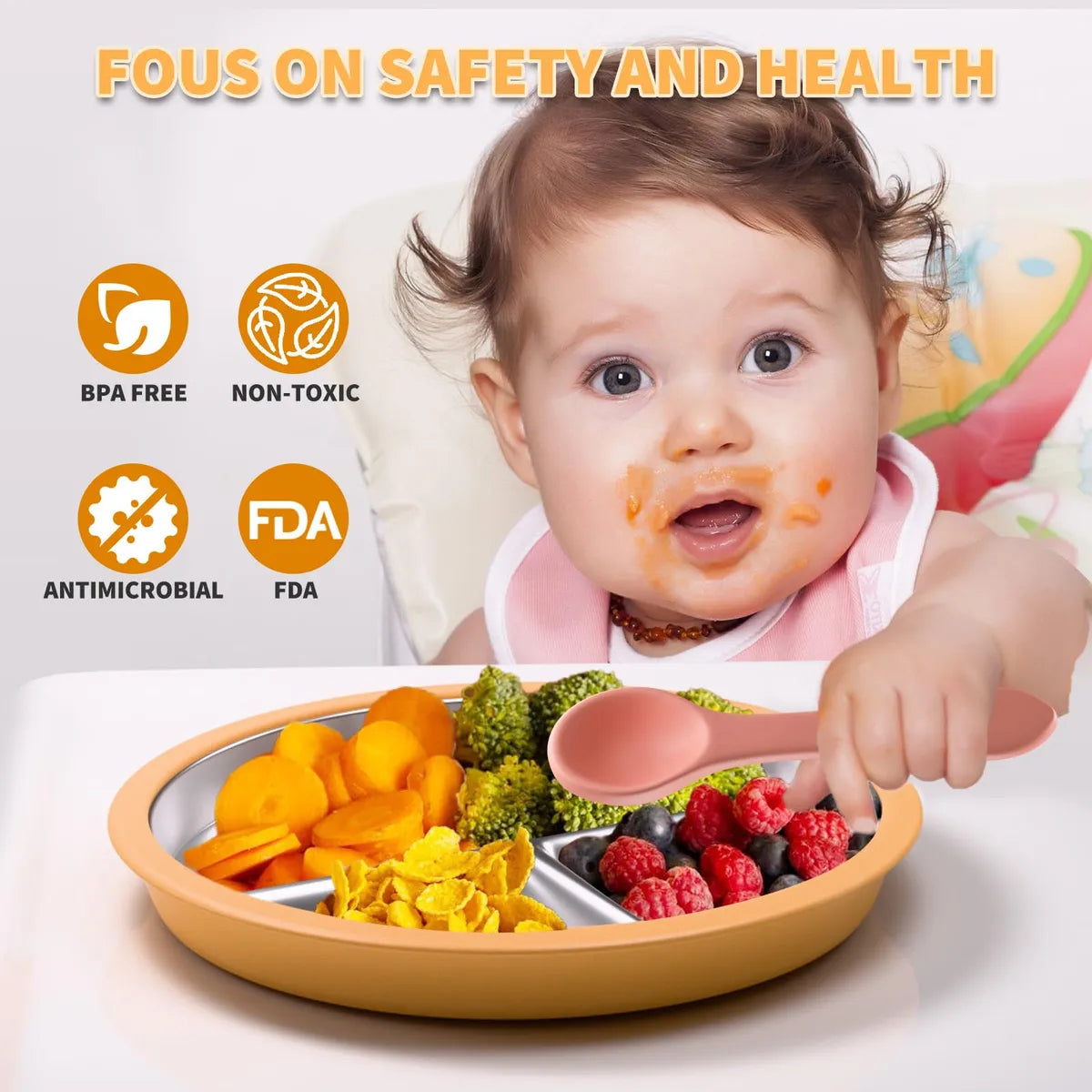 Plato Antideslizante De Acero Inoxidable Para Niños 2 Unidad