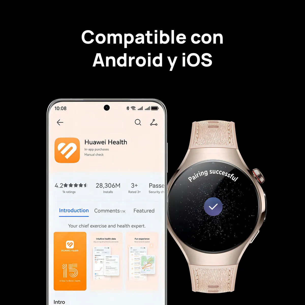 Smartwatch Huawei Watch 5 42mm Beige Esim, Gps, Wifi Bisel Negro Diseño de la malla Compuesto