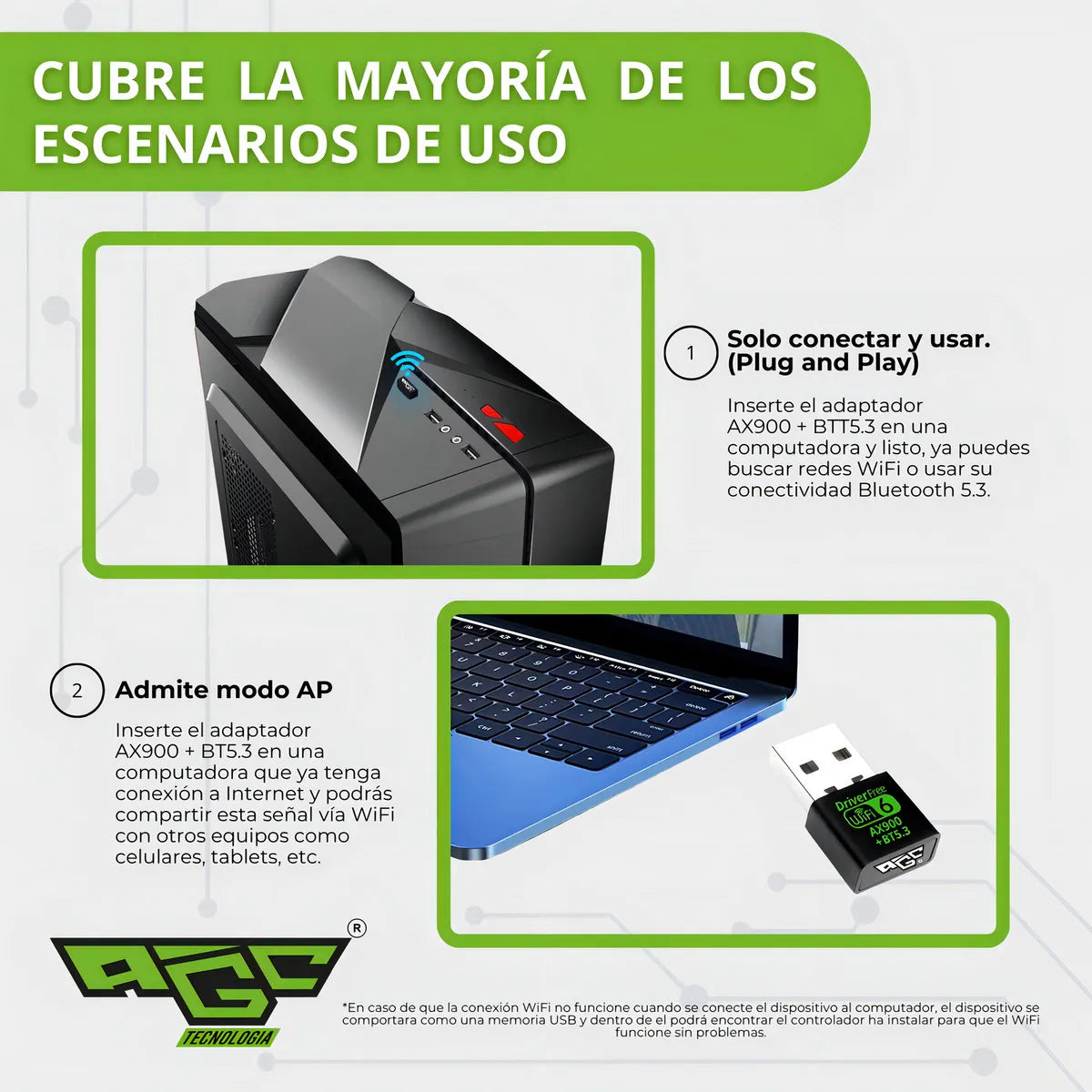 Adaptador Wifi Usb Tarjeta Red Pc 6g 5g Ax 900 Bluetooth 5.3 Doble Banda Dual / Windows 10 Y 11 / Marca Agc Tecnologia