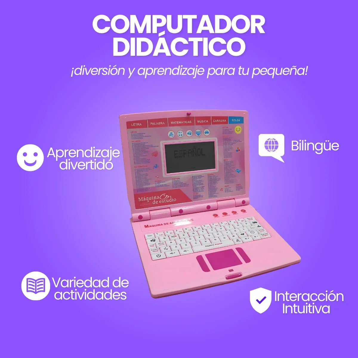 Computador Didáctico Bilingüe 130 Funciones Bei Tian 3-10 Años Rosa