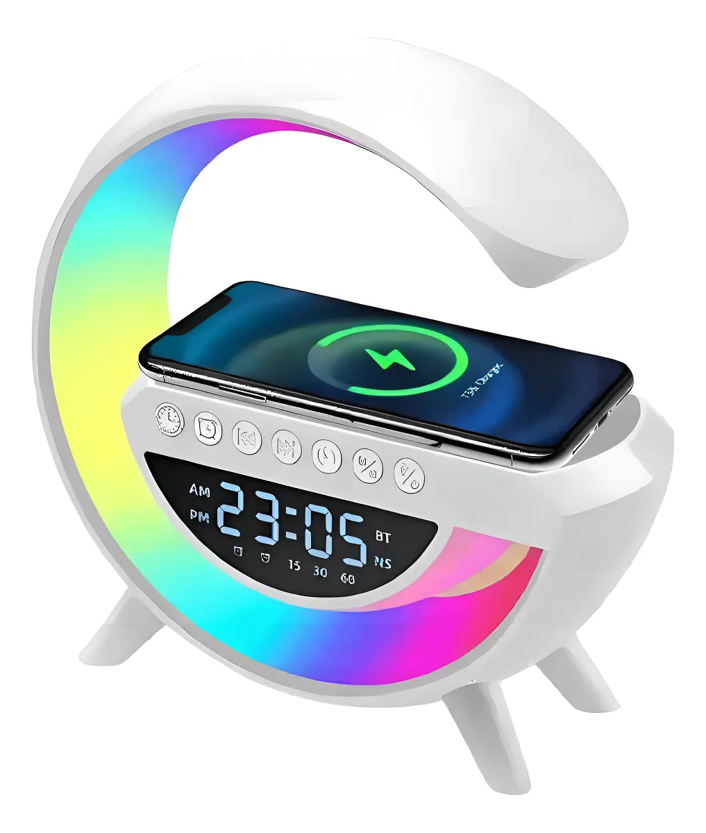 Parlante Lámpara G Cargador Inalámbrico Rgb Reloj Bt Color Blanco