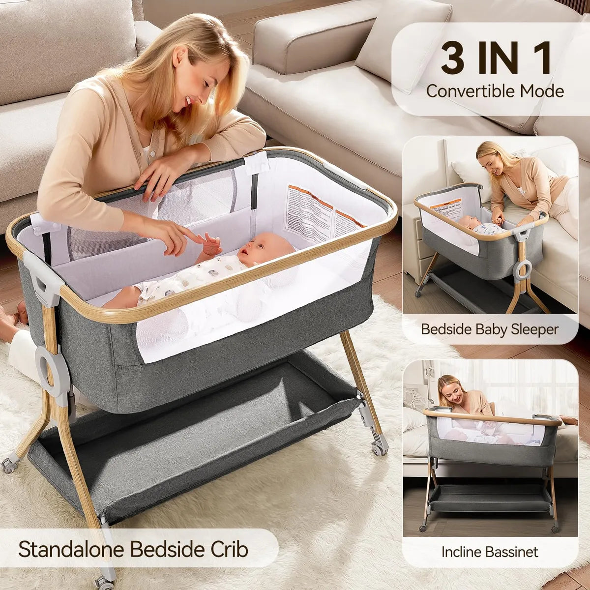 Moisés 3 En 1 Para Bebé Cuna Portátil Ajustable Y Plegable