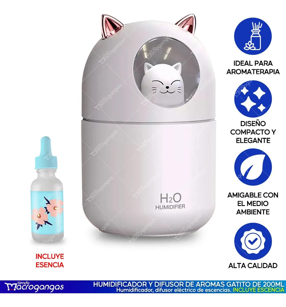 Humificador Difusor Aromas Gatito + Esencia - Blanco