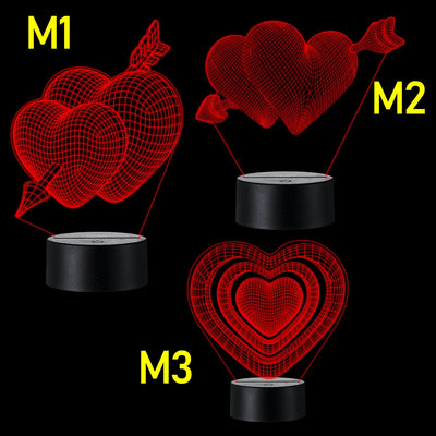 Lámpara De Noche Led 3d Corazones Regalo Pareja Holograma Negro