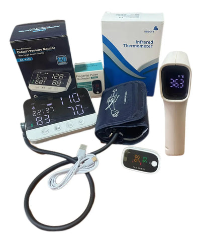Kit De Salud Tensiómetro Recargable+termómetro+oximetro Blanco Con Negro