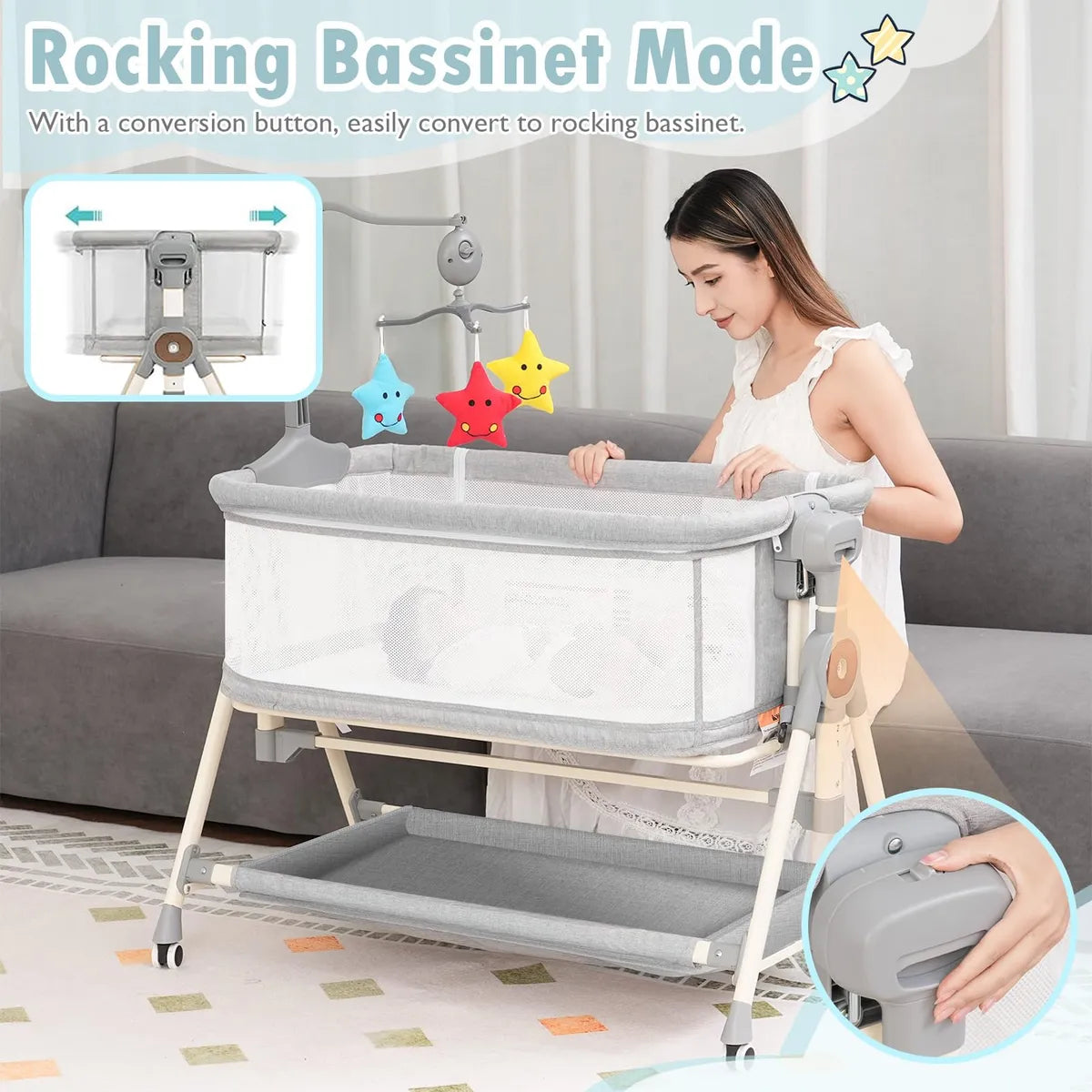 Cuna Mecedora 3 En 1 Con Juguetes Musicales Y Ruedas Gris