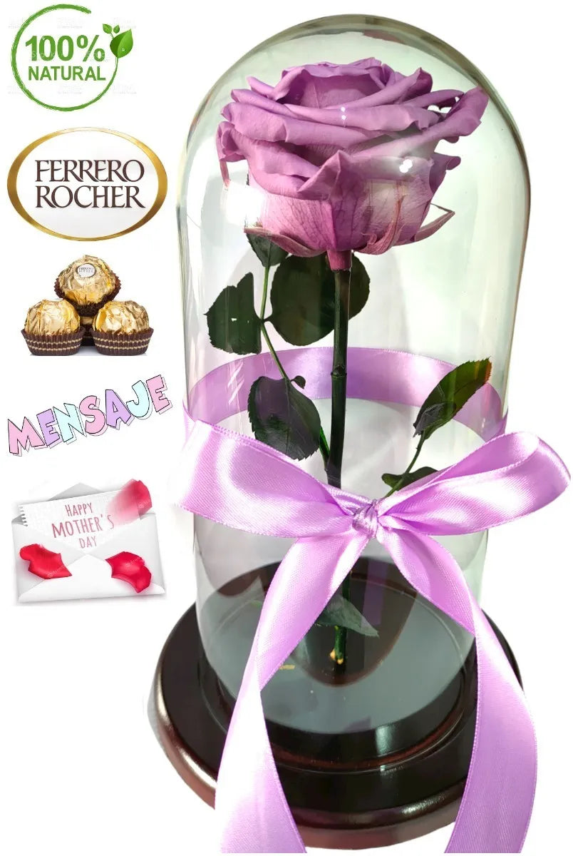 Rosa Preservada Regalo Cúpula Vidrio Color Rojo + Tarjeta - Todos