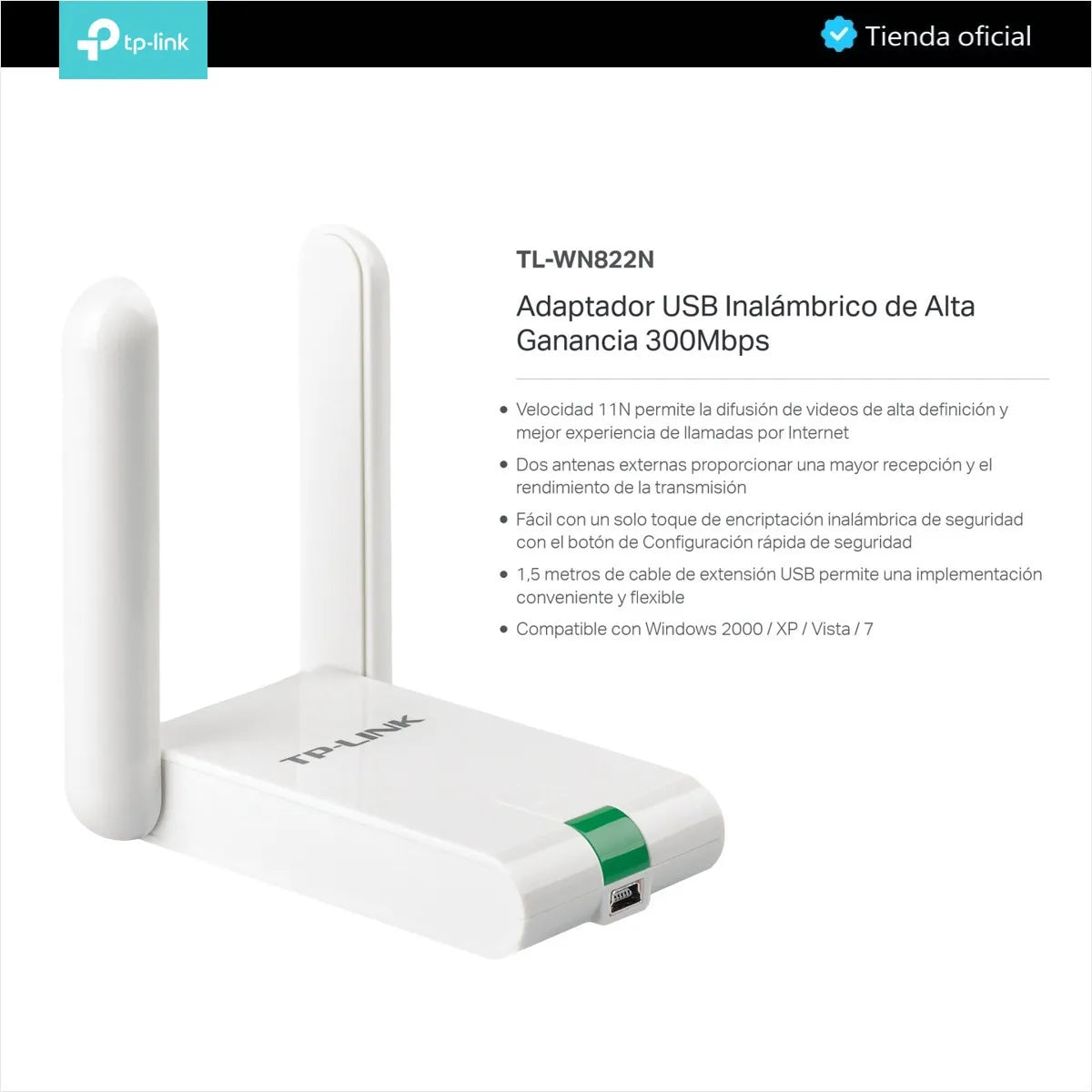 Tp-link, Tarjeta Usb Wifi Alta Ganancia 300mbps, Tl-wn822n