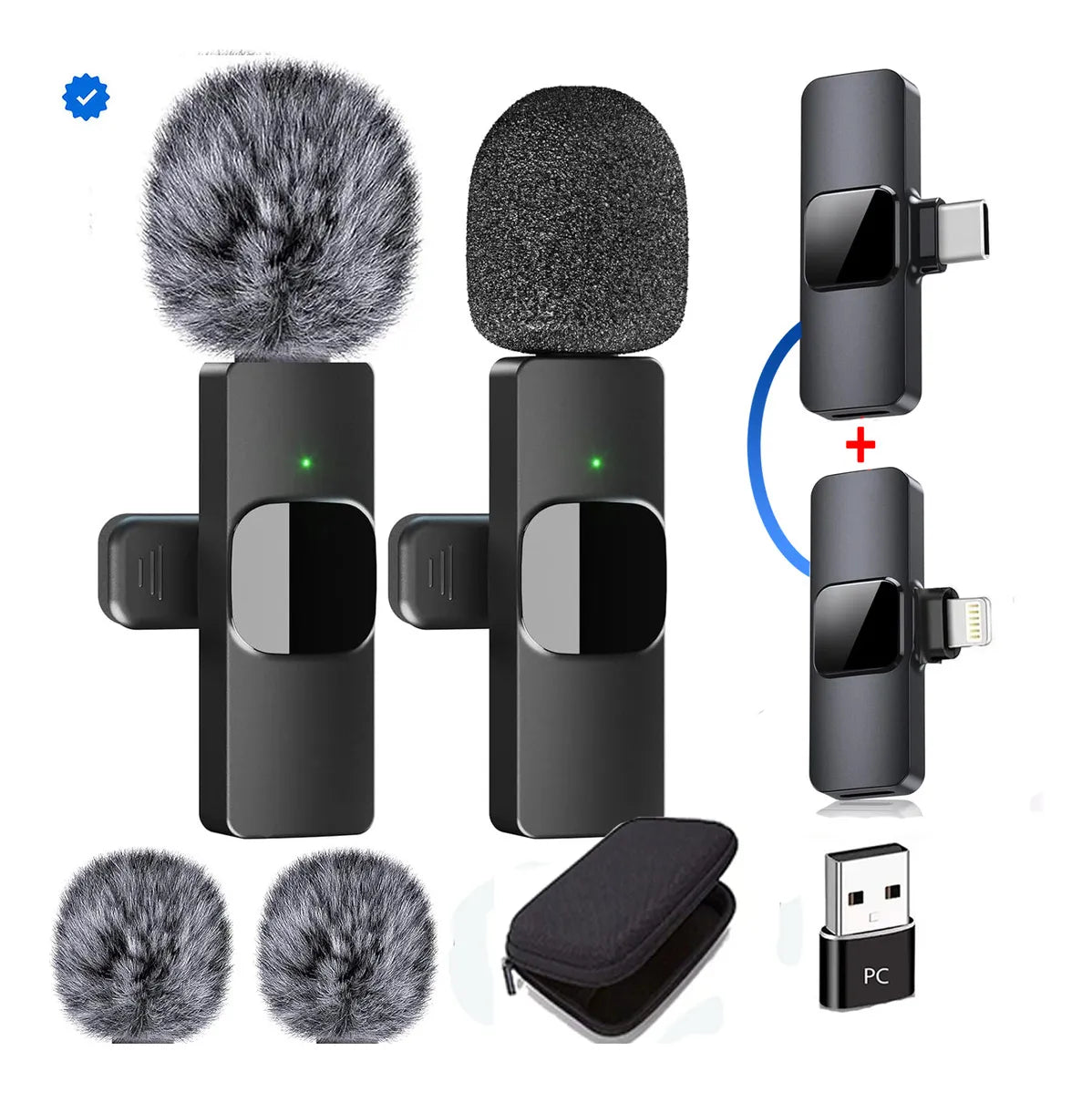 Micrófonos Inalámbricos de Solapa X-11 Para Celular Doble Receptor Tipo C iPhone ipad y PC Color Negro con Filtros Antipop