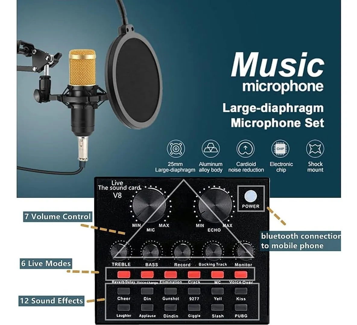 Kit Micrófono Profesional De Condensador + Tarjeta Sonido V8 Color Dorado