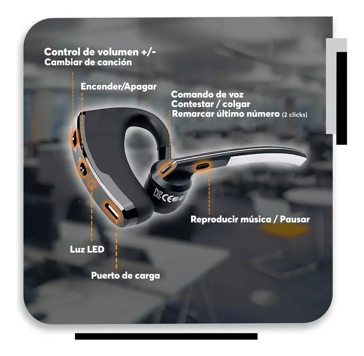 Audífono V8 Inalámbrico Negocios Conductor Larga Duración Negro