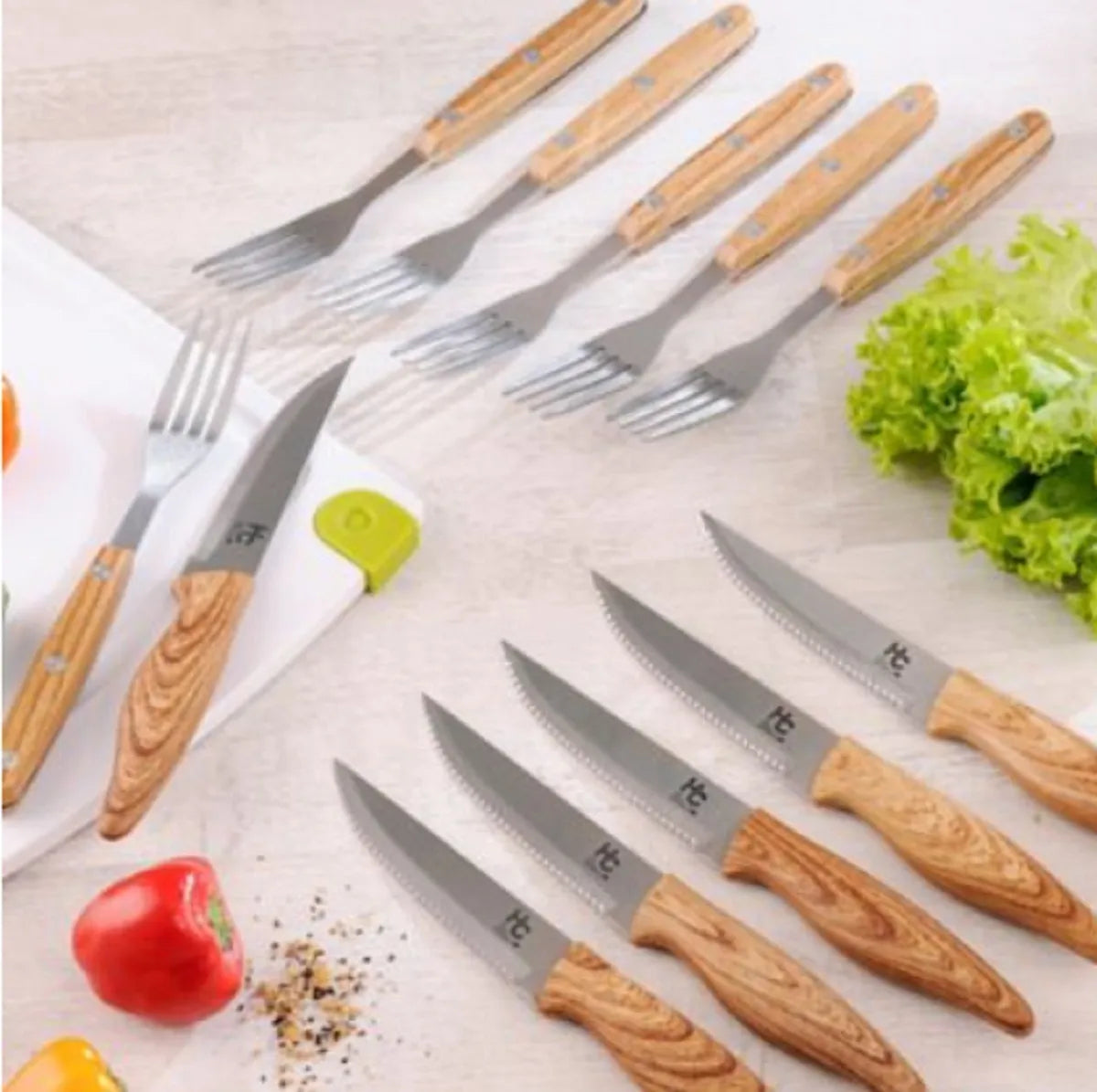 Set Cubiertos Cuchillo Y Tenedor 12 Piezas, Especial Asados Color Color Madera